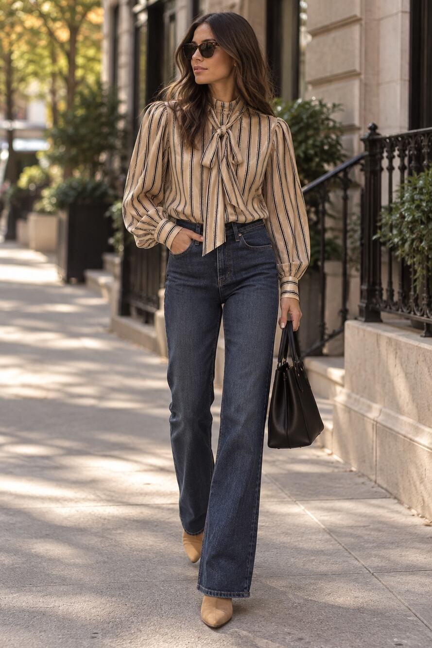 Vintage Gold & Black Striped Blouse w/ Matching Neck Tie (Fits S–M)